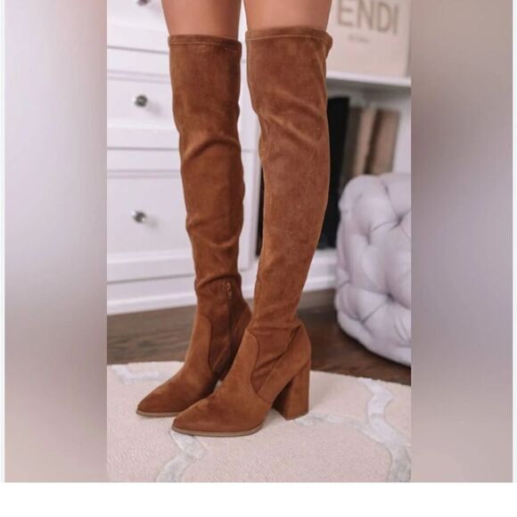 NEW WITHOUT TAGS STEVE MADDEN TAVA OVER THE KNEE BOOTS IN COGNAC MICROSUEDE - Picture 1 of 12